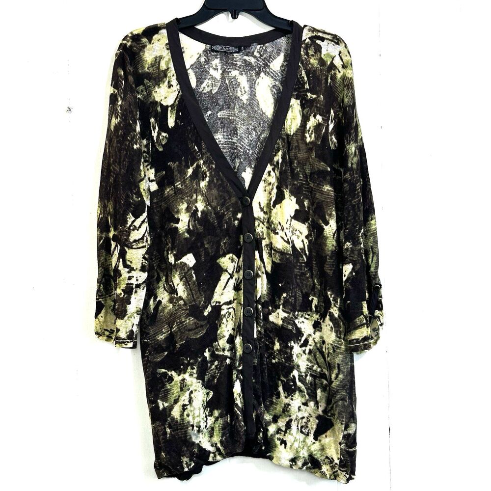 ZOZO Abstract Print V-Neck Cardigan Size XL Green Brown Linen Silk Button Closur